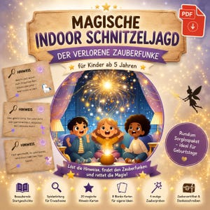以下が含まれることがあります： Magische Indoor Schnitzeljagdというタイトルのデジタルゲームキット。3枚のヒントカード、光るライトを持つ3人の子供のイラスト、妖精のシルエット、そして物語やカードなどのゲームコンポーネントを表すアイコンが描かれています。