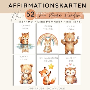 Affirmationskarten Kinder PDF | 52 Mutmachkarten | Selbstbewusstsein & Selbstliebe stärken | Positive Glaubenssätze | Montessori Waldtiere