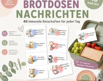 May include: A set of 40 cards titled BROTDOSEN NACHRICHTEN featuring watercolor illustrations of animals like a dinosaur, bee, chick, rhino, monkey, giraffe, zebra, and hippo, each with German text, displayed next to a lunchbox with food.