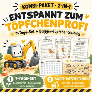 Può includere: Un kit di addestramento al vasino 2 in 1 con un escavatore giallo, un piano di 7 giorni, una routine, una guida alla preparazione, un tracker di allenamento e una tabella dei premi. Il testo riporta KOMBI-PAKET 2-IN-1 e TÖPFCHENPROFI.