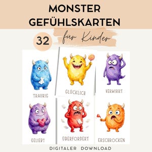 Könnte beinhalten: Ein Set aus 32 Monster-Gefühlskarten für Kinder mit Aquarell-Illustrationen bunter Monster, die verschiedene Emotionen ausdrücken, inklusive der deutschen Beschriftungen Traurig, Glücklich, Verwirrt, Geliebt, Überfordert und Erschrocken.