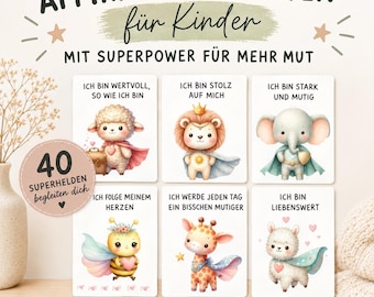 May include: A set of six rectangular affirmation cards for children featuring illustrations of a lamb, lion, elephant, bee, giraffe, and llama. Each card displays German text and a cute animal character wearing a cape or accessories.