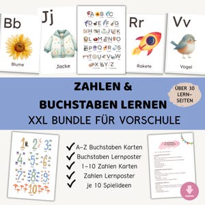 Peut inclure: Ensemble éducatif avec des cartes flash d'alphabet et de chiffres, des affiches et des feuilles d'activités. Comprend des illustrations de tournesol, veste, fusée et oiseau. Le texte indique "Apprentissage des chiffres et des lettres XXL pour la maternelle".