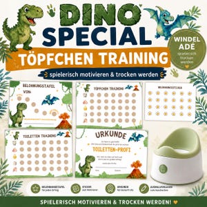 May include: A potty training kit featuring a green and white plastic potty, reward charts, sticker sheets, and a certificate. The set includes dinosaur illustrations, volcano graphics, and German text such as DINO SPECIAL, TÖPFCHEN TRAINING, and URKUNDE.