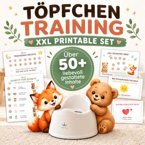 Könnte beinhalten: Ein XXL-Druckvorlagen-Set für das Töpfchentraining mit einem weißen Töpfchen, einem Fuchs- und einem Bären-Cartoon. Der Text lautet TÖPFCHEN TRAINING, XXL PRINTABLE SET, Über 50+ liebevoll gestaltete Inhalte, Meine TROCKENEN-NÄCHTE, SCHRITT FÜR SCHRITT, ICH SCHAFFE DAS!, BELOHNUNGSGUTSCHEIN und ICH BIN STOLZ AUF MICH!