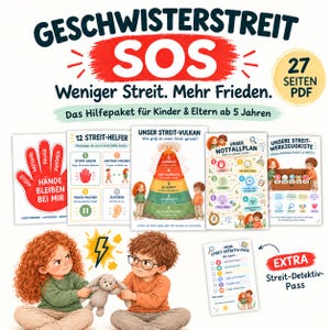 Peut inclure: Une ressource éducative numérique intitulée GESCHWISTERSTREIT SOS comprenant 27 pages PDF. Elle inclut des guides illustrés comme un volcan de conflit, un plan d'urgence et des outils pour enfants, ainsi qu'un pass détective pour gérer les disputes.