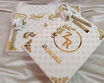 Off White Nikkah Certificate Set | Prince Coat Fabric Islamic Wedding Keepsake