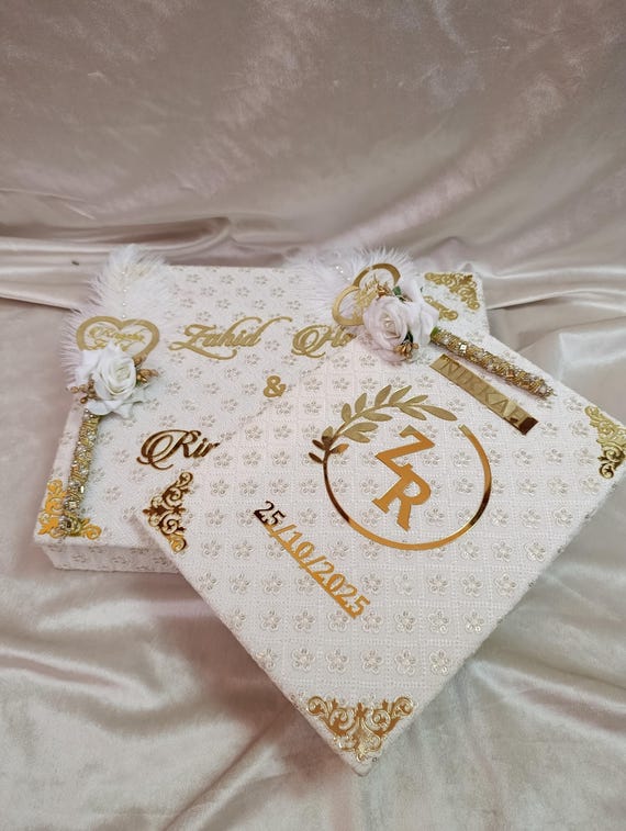 Off White Nikkah Certificate Set | Prince Coat Fabric Islamic Wedding Keepsake