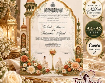 Certificato di matrimonio islamico (Nikkah), ricordo floreale per nozze islamiche (A4/A3)