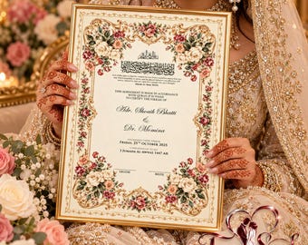 Certificato di matrimonio islamico Nikkah con motivi floreali, formati A4 e A3, ricordo di nozze islamico (modificabile)