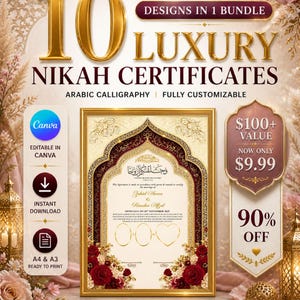 Puede incluir: Certificado de matrimonio Nikah con marco dorado con caligrafía árabe, con un diseño burdeos y dorado. La imagen incluye el texto "10 Certificados Nikah de Lujo" y "Totalmente personalizable". El certificado está listo para imprimir en tamaños A4 y A3.