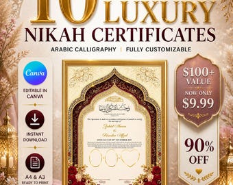Luxury Nikah Certificate Bundle, 10 Arabic Calligraphy Designs (A4/A3)