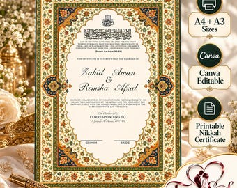 Nikkah Certificate, Islamic Wedding Certificate, Marriage Certificate, A4 A3 Printable Nikah Keepsake, Wedding Gift for Couples