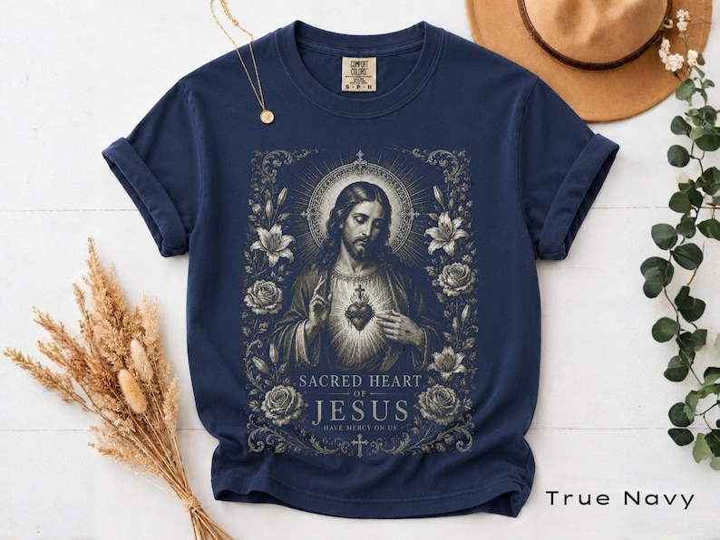 Sacred Heart Jesus Floral Shirt, Vintage Catholic Comfort Colors Tee ...