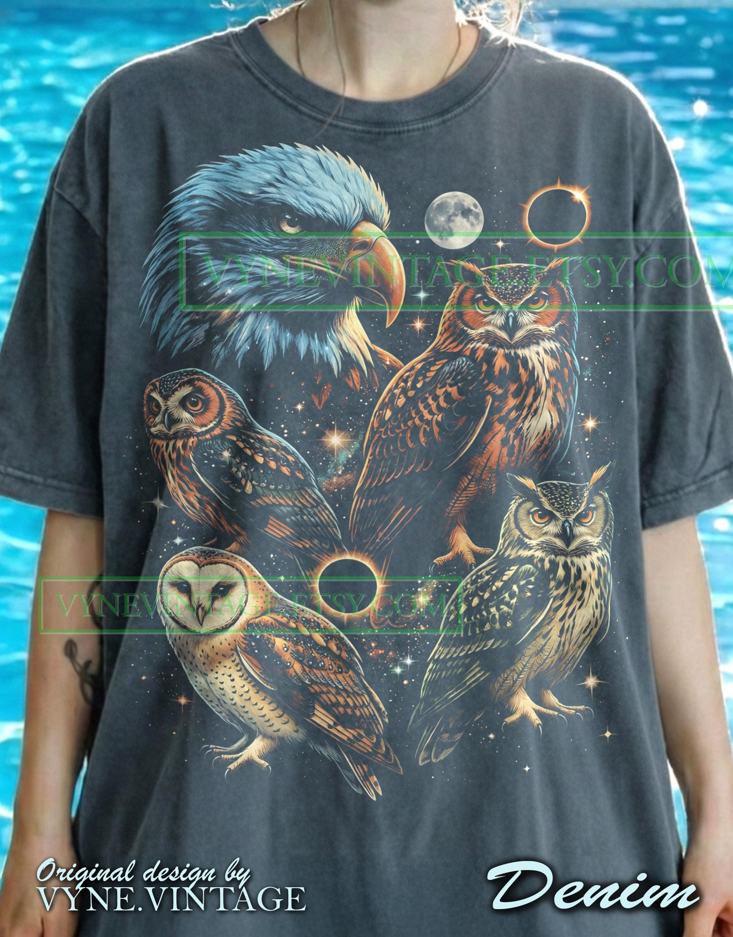 Eagle Owls Comfort Colors® Tshirt, Birds Of Prey Tees, Retro Vintage Sweater, Celestial Moon Tan
