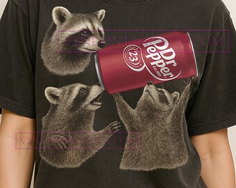 Raccoon Holding Dr Pepper T-Shirt, Funny Raccoon Meme Tee, Dr Pepper Shirt, Vintage Humor T-Shirt, Quirky Raccoon Tee