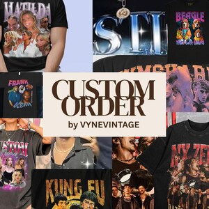The image is a collage of various vintage-style t-shirts featuring different characters and designs.