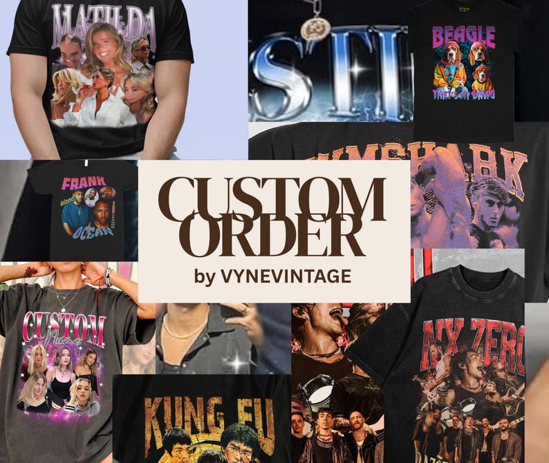 The image is a collage of various vintage-style t-shirts featuring different characters and designs.