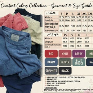 The image is a collage of various clothing items, including a t-shirt, jeans, and a sweater, along with a guide to the sizes and colors of the garments.