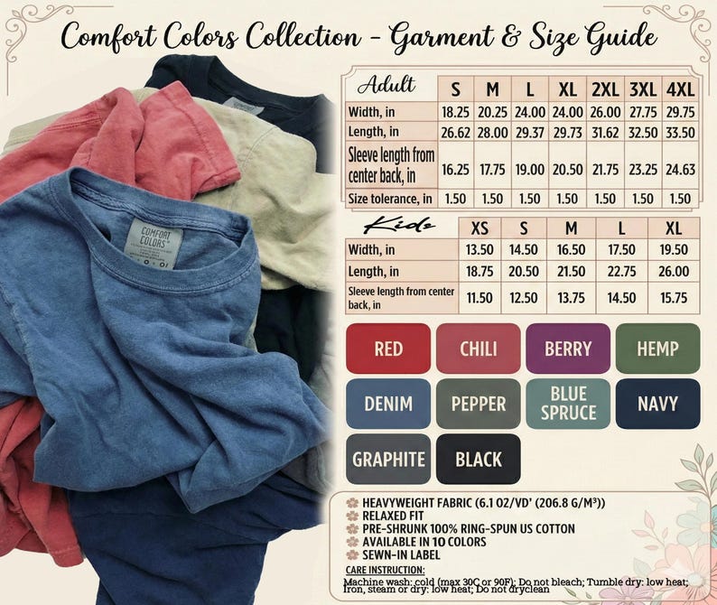 The image is a collage of various clothing items, including a t-shirt, jeans, and a sweater, along with a guide to the sizes and colors of the garments.