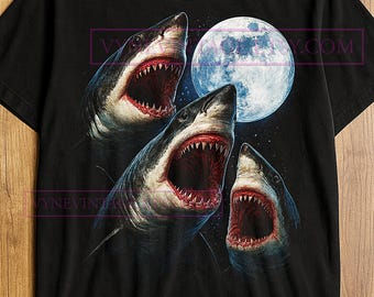 Three Sharks Howling At The Moon T-Shirt, Ocean Predator Full Moon Graphic Tee, Sea Creature Art, Vintage Shark Shirt, Full Moon Lover Gift