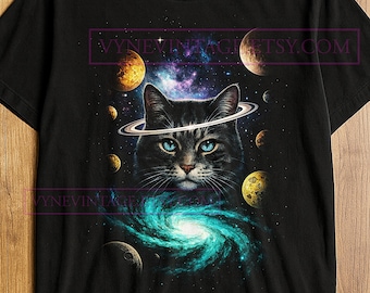 コズミックキャットギャラクシービジョンTシャツ、スペースキャットユニバース子猫グラフィックTシャツ、ギャラクティックネココズミックアニマルシャツ、ヴィンテージ天体ギフト