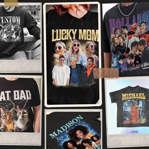 The image is a collage of various t-shirt designs featuring different characters and themes.