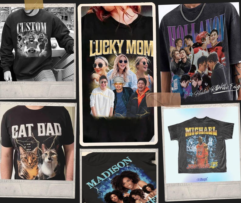 The image is a collage of various t-shirt designs featuring different characters and themes.