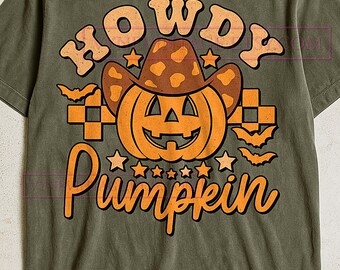 Howdy Kürbis T-Shirt, Western Halloween Grafik T-Shirt, Gruselige Saison Herbst Shirt, Humorvolles Kürbis Liebhaber Geschenk, Retro Herbst T-Shirt