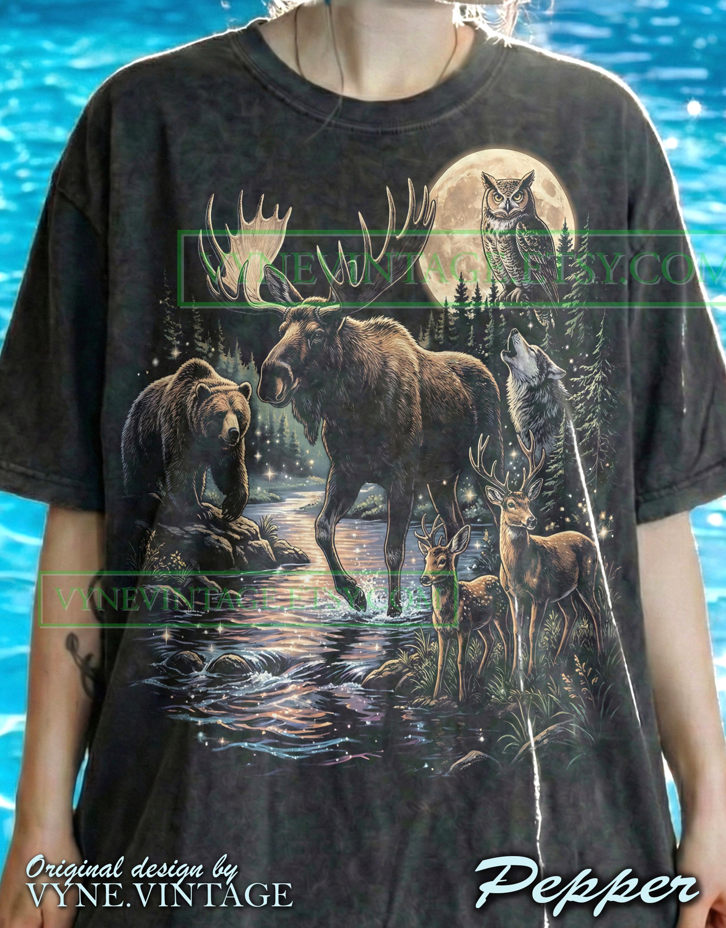 Vintage Moose Bear Wolf Comfort Colors® Tshirt, Owl Deer Tees, Forest River Moon Sweater, Wildli