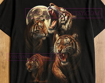 T-shirt Tigres de la lune, t-shirt graphique Tiger Power Moonlight Roar Jungle Spirit, chemise Wild Strength Night Fury, chemise Tiger vintage
