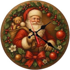 Santa Wall Clock – Wooden Christmas Clock – Round Wall Art – Holiday Decor – Gift for Family