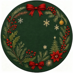 Christmas Linen-Style Round Placemat Set of 4–Scalloped Edge Holiday Table Decor–Red Poinsettia Gold Snowflake Dinner Mat–15 Inch Table