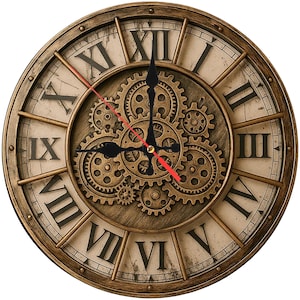 May include: A round, antique-style wall clock with a bronze-colored frame and face. The clock features Roman numerals, a central gear design, and black clock hands with a red second hand. The clock's face has a distressed, vintage appearance.