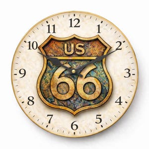 May include: Circular wall clock with a Route 66 theme. The clock face has a cream background with black numerals and hands. The centre features a shield design with "US 66" in a vintage, textured style, and a gold-coloured frame.