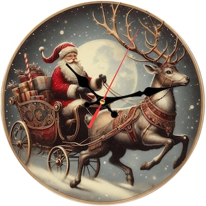 Christmas Reindeer Wall Clock – Round Acrylic Wall Clock – Santa Sleigh Holiday Decor – Silent Wall Hanging –Festive Gift for Home or Office