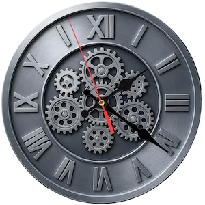 May include: A round, metallic gray wall clock with Roman numerals and a gear-themed design. The clock features a red second hand and black hour and minute hands. The clock's face is adorned with several interlocking gears.