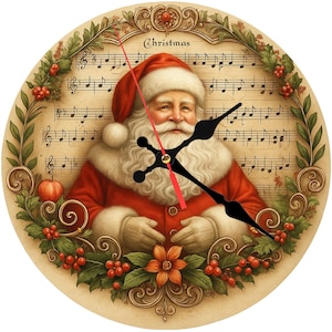 Santa Wall Clock – Christmas Wooden Clock – 10 Inch Round Silent Wall Art – Holiday Decor – Vintage Santa Christmas Gift for Home