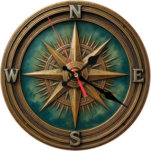 May include: A round wall clock with a compass design. The clock face features a gold compass rose on a teal background, with the cardinal directions labeled. The clock hands are black, and the second hand is red. The clock has a bronze-coloured frame.