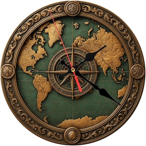 May include: A round wall clock with a world map design. The clock face features a gold-colored map on a green background, with a compass rose at the center. The clock has black hands and a red second hand. The clock is framed by a decorative, bronze-colored border.
