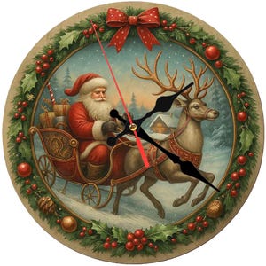 Santa Wall Clock – Wooden Christmas Clock – Reindeer Sleigh Ride Decor – Round Wall Art – Holiday Gift for Family