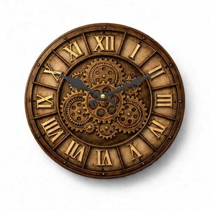 May include: A round, steampunk-style wall clock with a brown wooden frame and gold Roman numerals. The clock face features intricate gold gears and black clock hands. The clock is a decorative item.