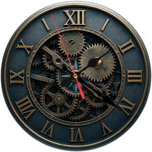 May include: A round wall clock with a steampunk design. The clock face is dark blue with gold Roman numerals and a visible gear mechanism. The clock hands are black, and the second hand is red.