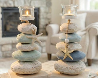 Mediterranean Stone Candle Holder | Coastal Wooden Starfish Decor | Tabletop Nautical Home Accent