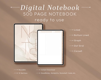 May include: Two digital tablets are displayed, showcasing a digital notebook. The text "Digital Notebook" and "500 PAGE NOTEBOOK ready to use" are visible. Features include lined, bottom lined, graph, dot grid, and Cornell options. The notebook is reusable with 10 sections.