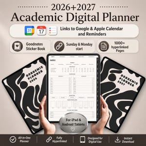Puede incluir: Un planificador digital académico para 2026 y 2027, diseñado para iPad y tabletas Android. Incluye enlaces a Google y Apple Calendar, un libro de pegatinas Goodnotes y más de 1000 páginas con hipervínculos. El diseño presenta un patrón abstracto en blanco y negro.