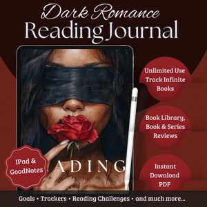 Puede incluir: Diario de lectura digital "Dark Romance Reading Journal". La imagen en la tableta muestra a una persona con los ojos vendados y una rosa roja. Incluye seguimiento de libros, reseñas y descarga instantánea en PDF.