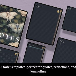 May include: Digital note templates with a dark aesthetic. One template features a moth and floral design with the word "NOTES". Other templates include lined, grid, and checklist layouts. The text reads "8 Note Templates perfect for quotes, reflections, and journaling."