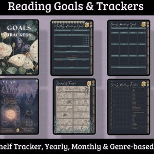 May include: Digital reading goal trackers with floral and butterfly illustrations. Includes monthly, yearly, and genre-based goal trackers. The text on the image reads "Reading Goals & Trackers" and "Bookshelf Tracker, Yearly, Monthly & Genre-based goals."