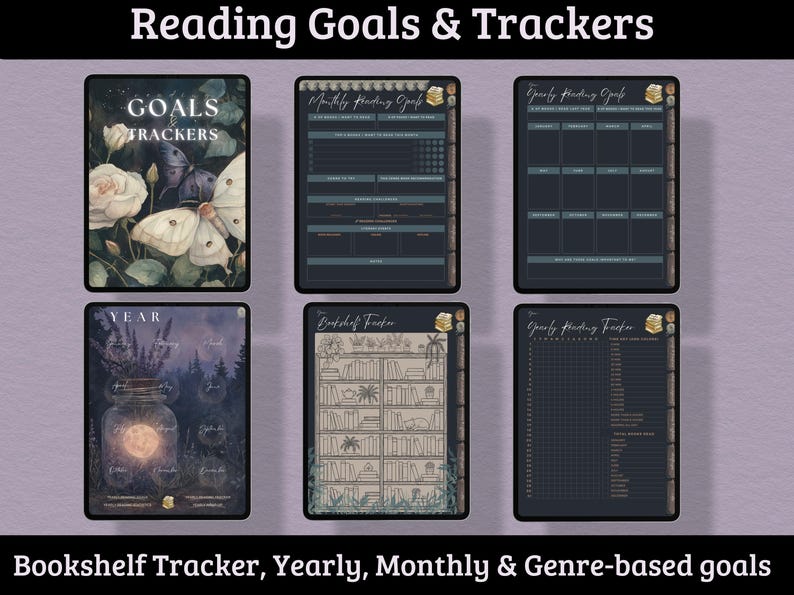 May include: Digital reading goal trackers with floral and butterfly illustrations. Includes monthly, yearly, and genre-based goal trackers. The text on the image reads "Reading Goals & Trackers" and "Bookshelf Tracker, Yearly, Monthly & Genre-based goals."